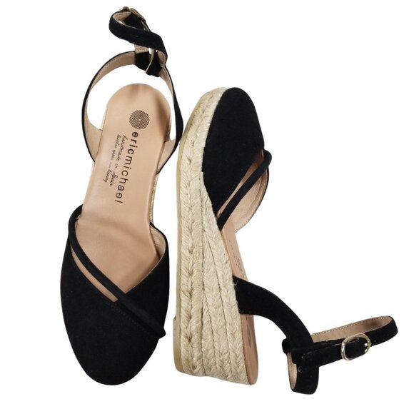 Eric Michael Emily Black Suede Leather Espadrille Platform Sandal